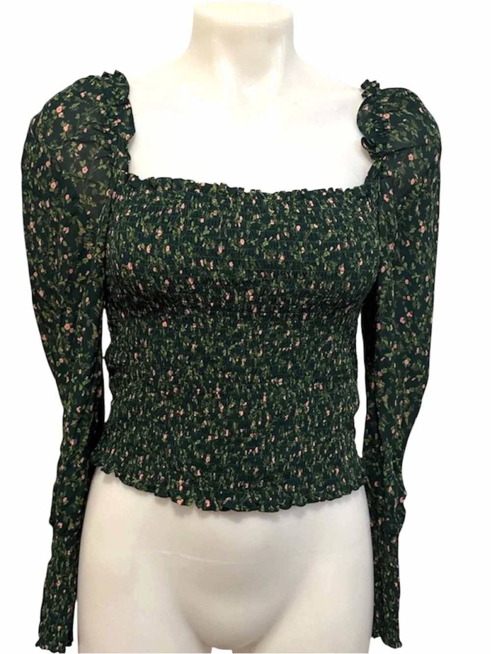 Reformation pinto green floral fully smocked bodice long puff sleeve medium